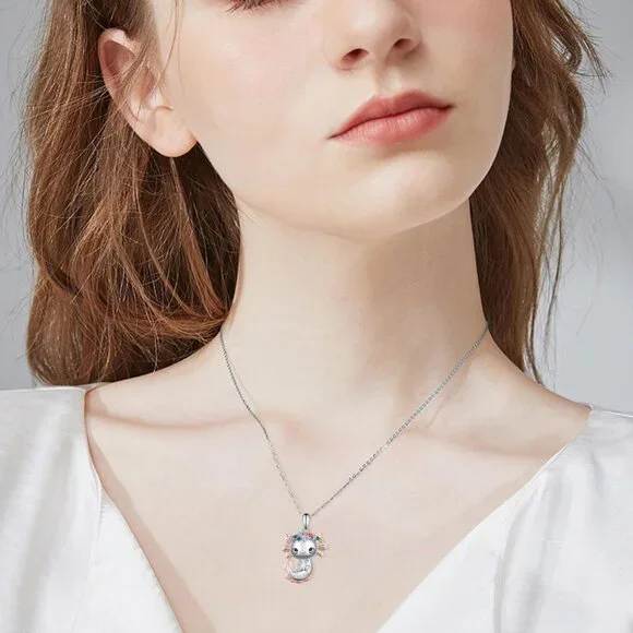 Cute Axolotl Sterling Silver Necklace with Colored Zircons, 20 chain, charming